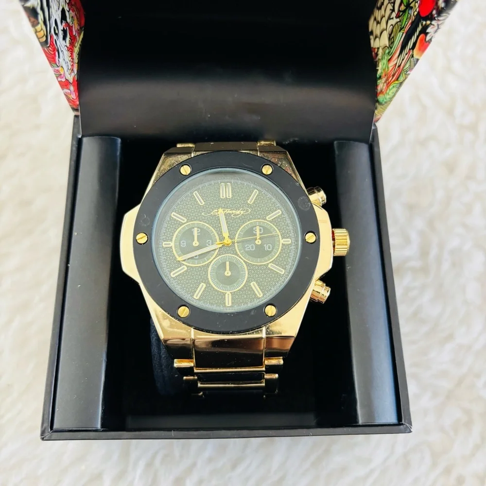Ed Hardy Gold/Black belt Men's Chronograph Green Dial Black bezel Watch in box